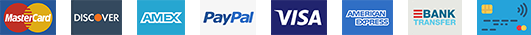 Mastercard, Discover, American Express, PayPal, Visa, transferência bancária e cartão